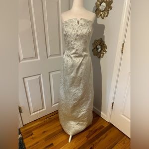 Silver metallic embroidered Dave & Johnny strapless gown with boning